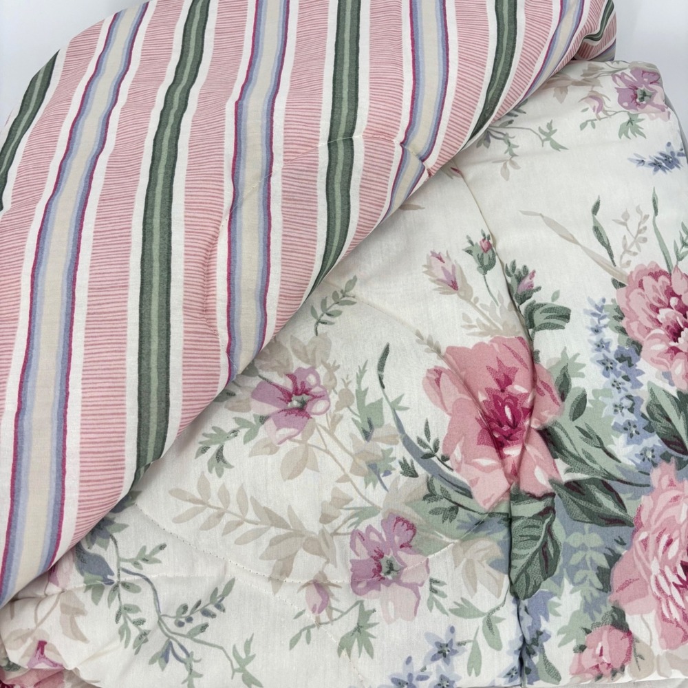 Vintage Bibb Co Charlotte II Floral Stripe Reversible Queen Comforter Pink Green
